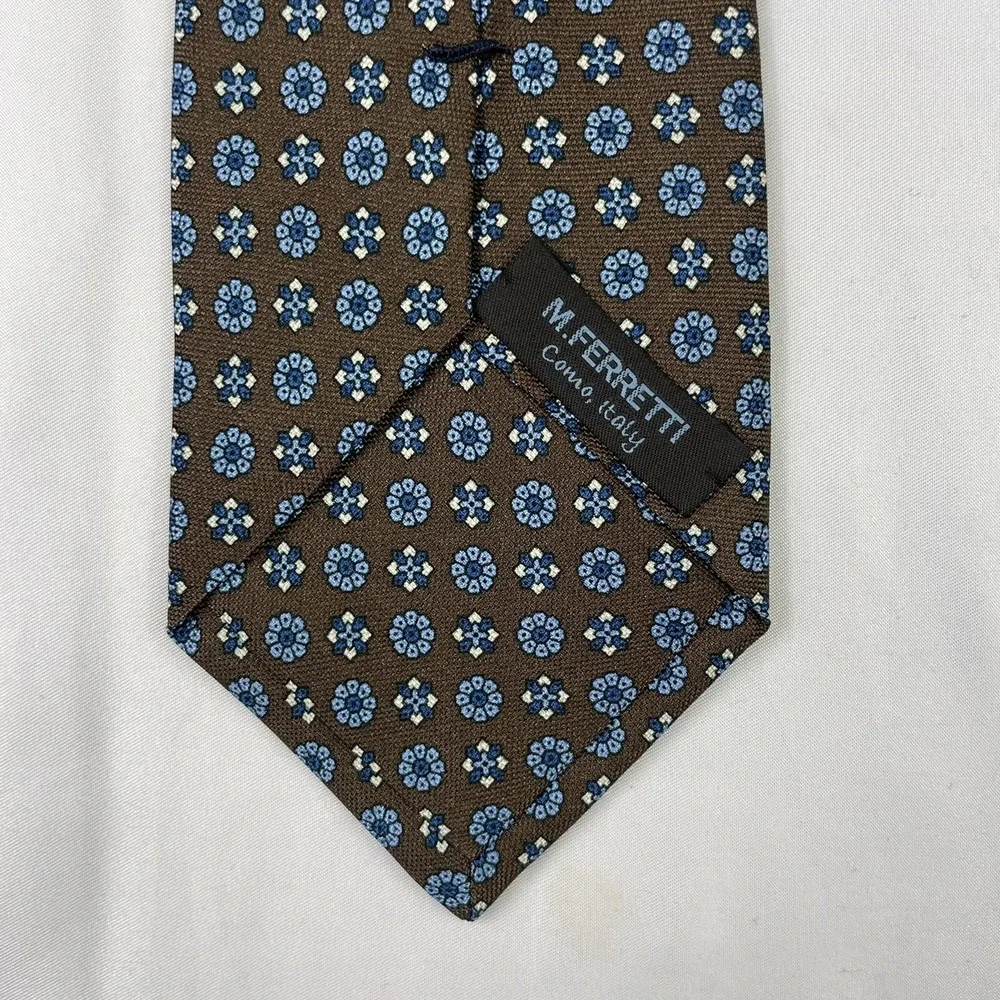M.Ferretti Mens Brown Blue Floral Medallion Pure Silk Tie 3 Inch Width Italy